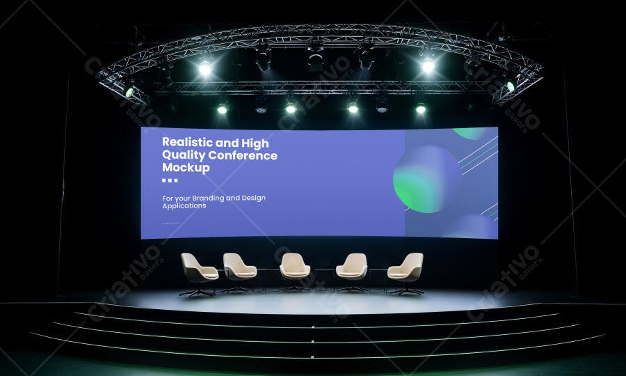 Mockup de Palco de Conferência Moderno com Tela LED e Cadeiras Ergônomicas Realista