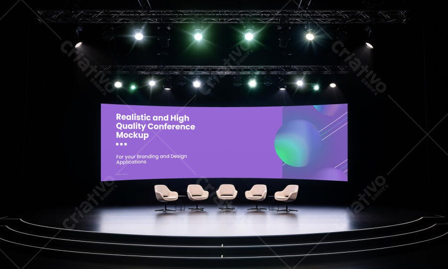 Mockup Tela de Conferência Curva com Palco Moderno e Cadeiras para Eventos