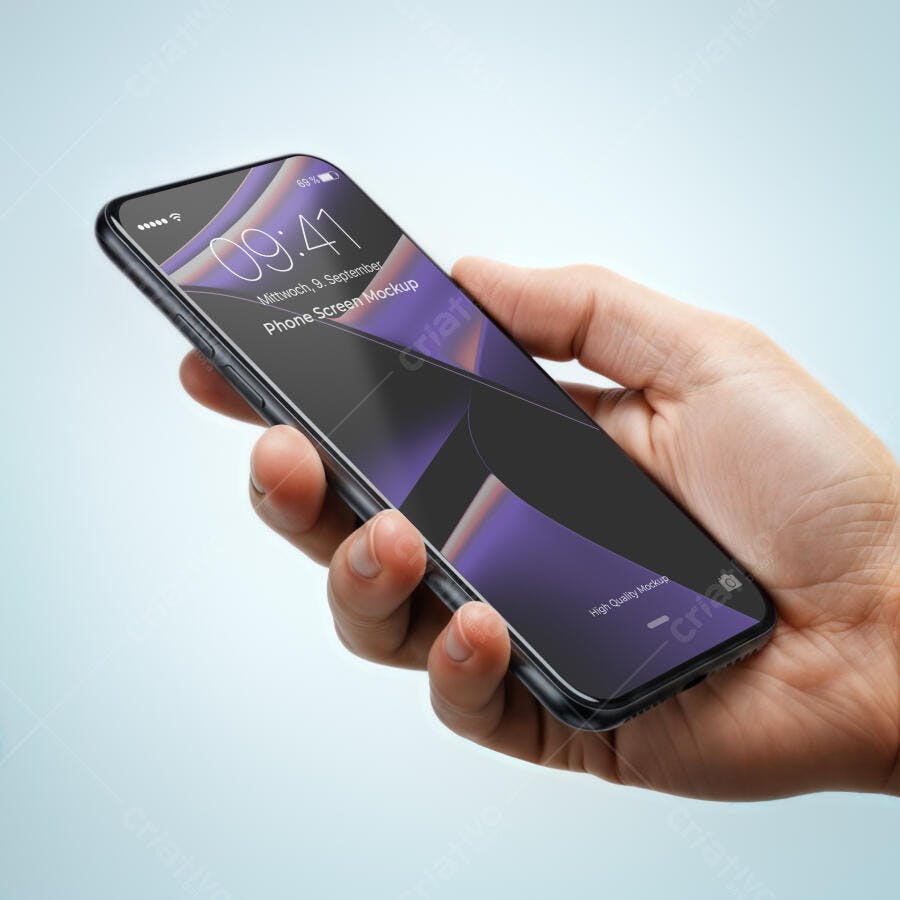 Mockup Smartphone Preto Realista na Mão de Homem com Tela Roxo Degradê