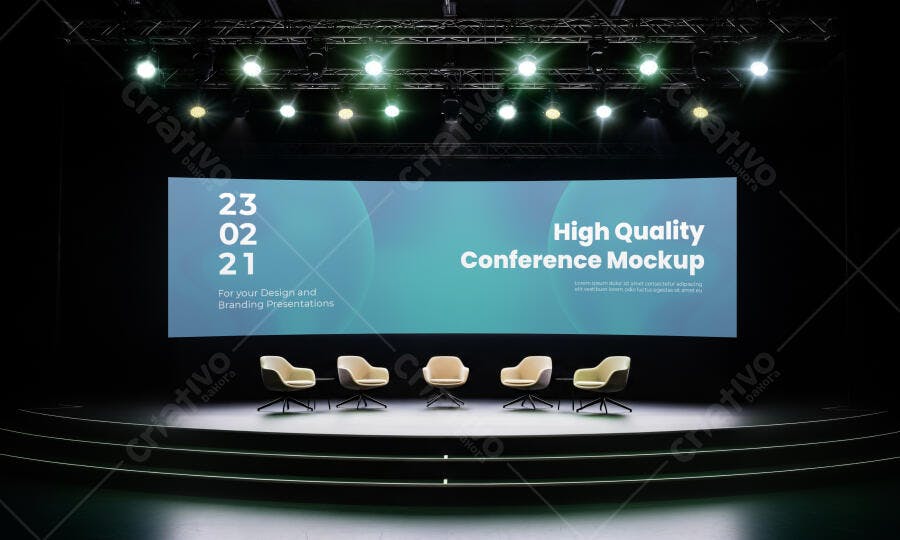 Mockup de Palco de Conferência Moderno com Telão Curvo e Cadeiras Elegantes Realista