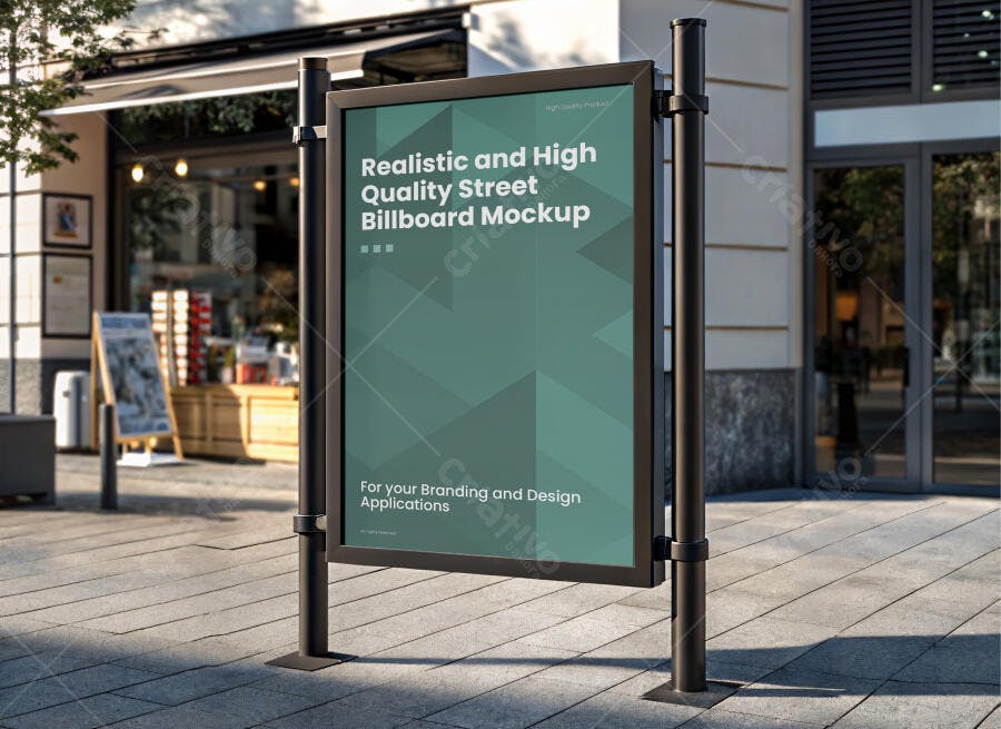 Mockup Realista de Painel Publicitário Vertical em Calçada Urbana Moderna