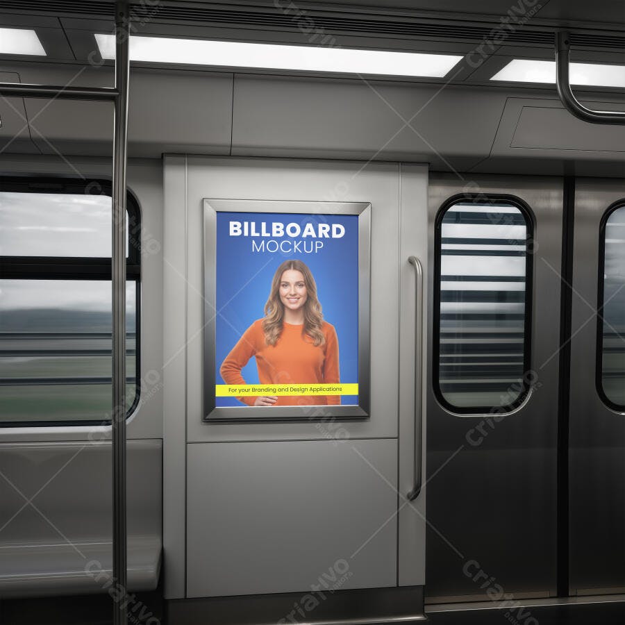 Mockup Painel Publicitário Digital em Metrô Moderno Cinza com Mulher Jovem Sorrindo