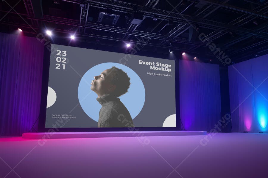 Mockup Realista de Telão de Palco para Eventos Noturnos em Cenário com Iluminação Azul e Roxa