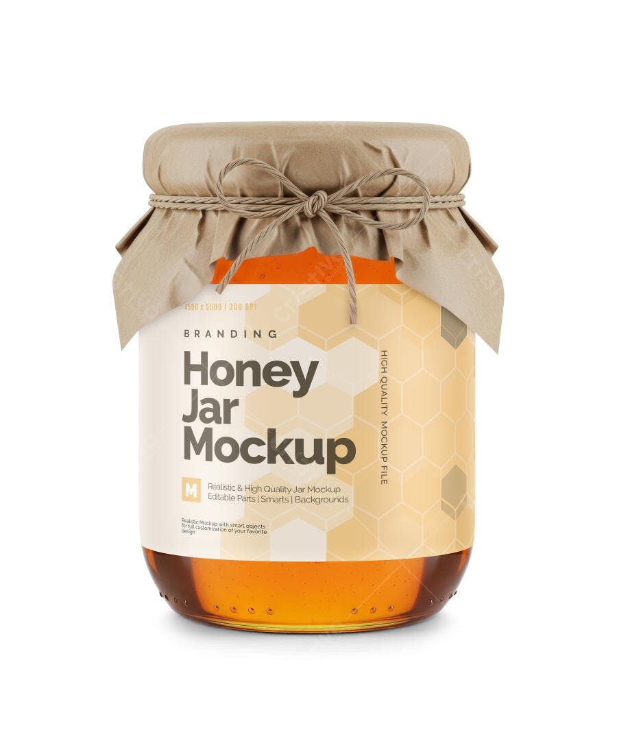 Mockup Pote de Mel Gourmet Realista com Tampa Kraft e Etiqueta Branca Isolado