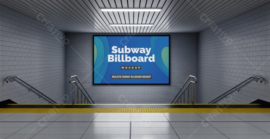 Mockup de Outdoor de Metrô Realista em Estação Urbana com Paredes Cinza