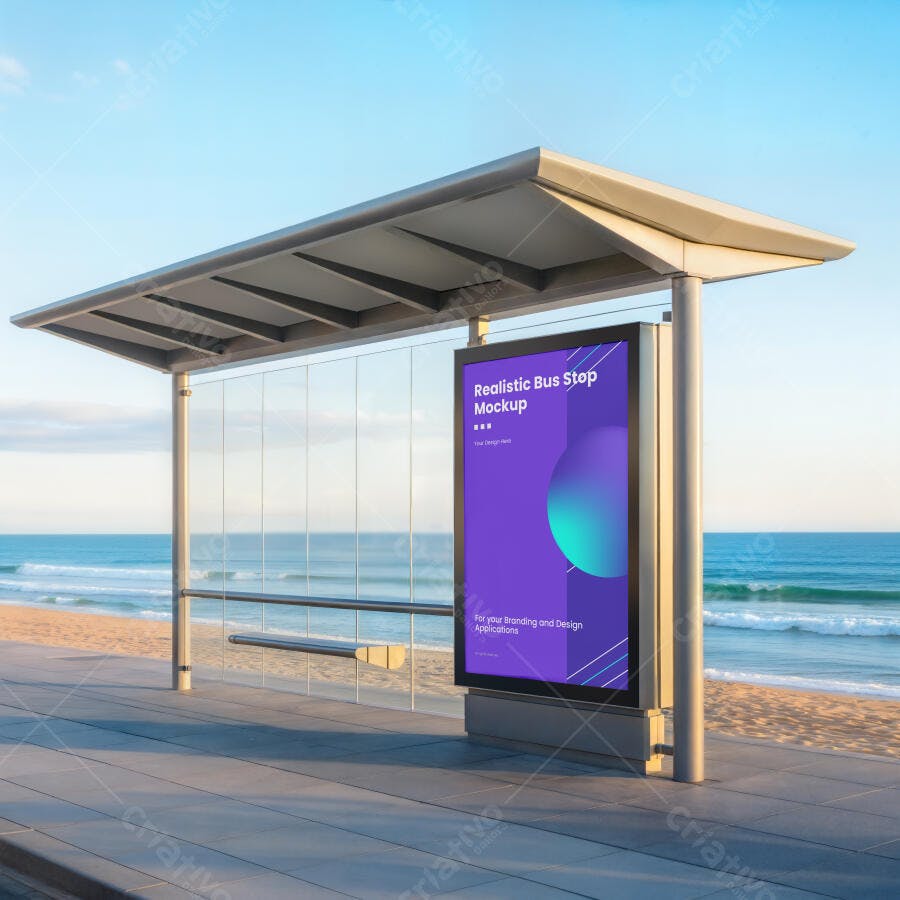Mockup de Painel Digital em Ponto de Ônibus Moderno na Praia Cenário Realista