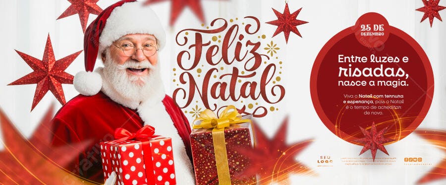 Flyer Feliz Natal com Papai Noel e Presentes Vermelhos PSD Editável