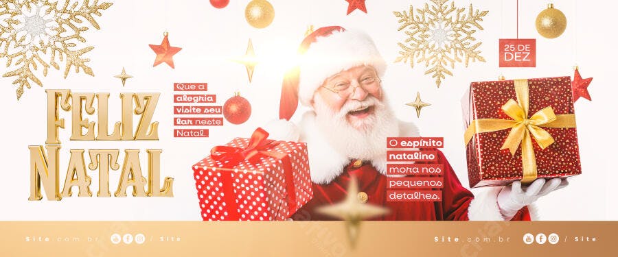 Banner Feliz Natal com Papai Noel e Presentes PSD Editável