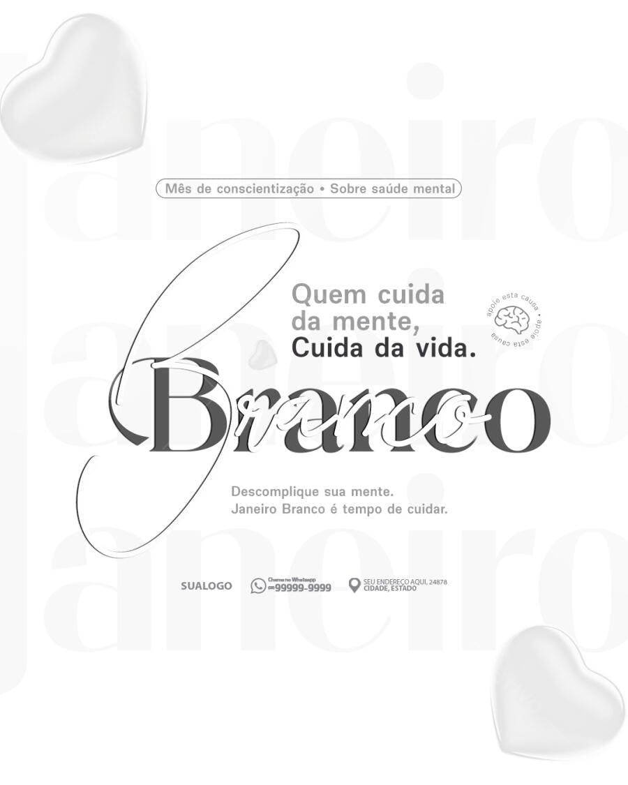 Flyer Janeiro Branco Conscientização Saúde Mental PSD Editável
