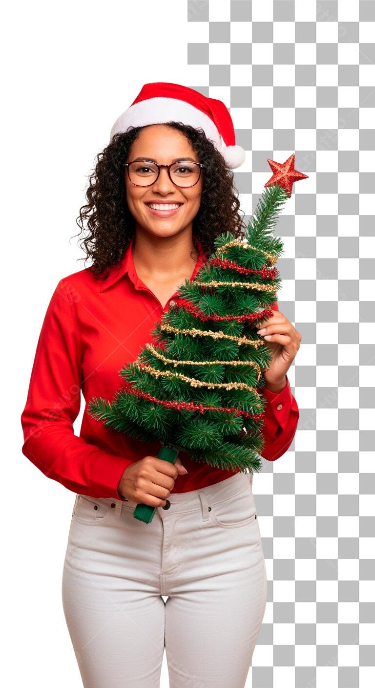 Flyer de Natal com Mulher Sorridente e Árvore Decorada Psd Editável