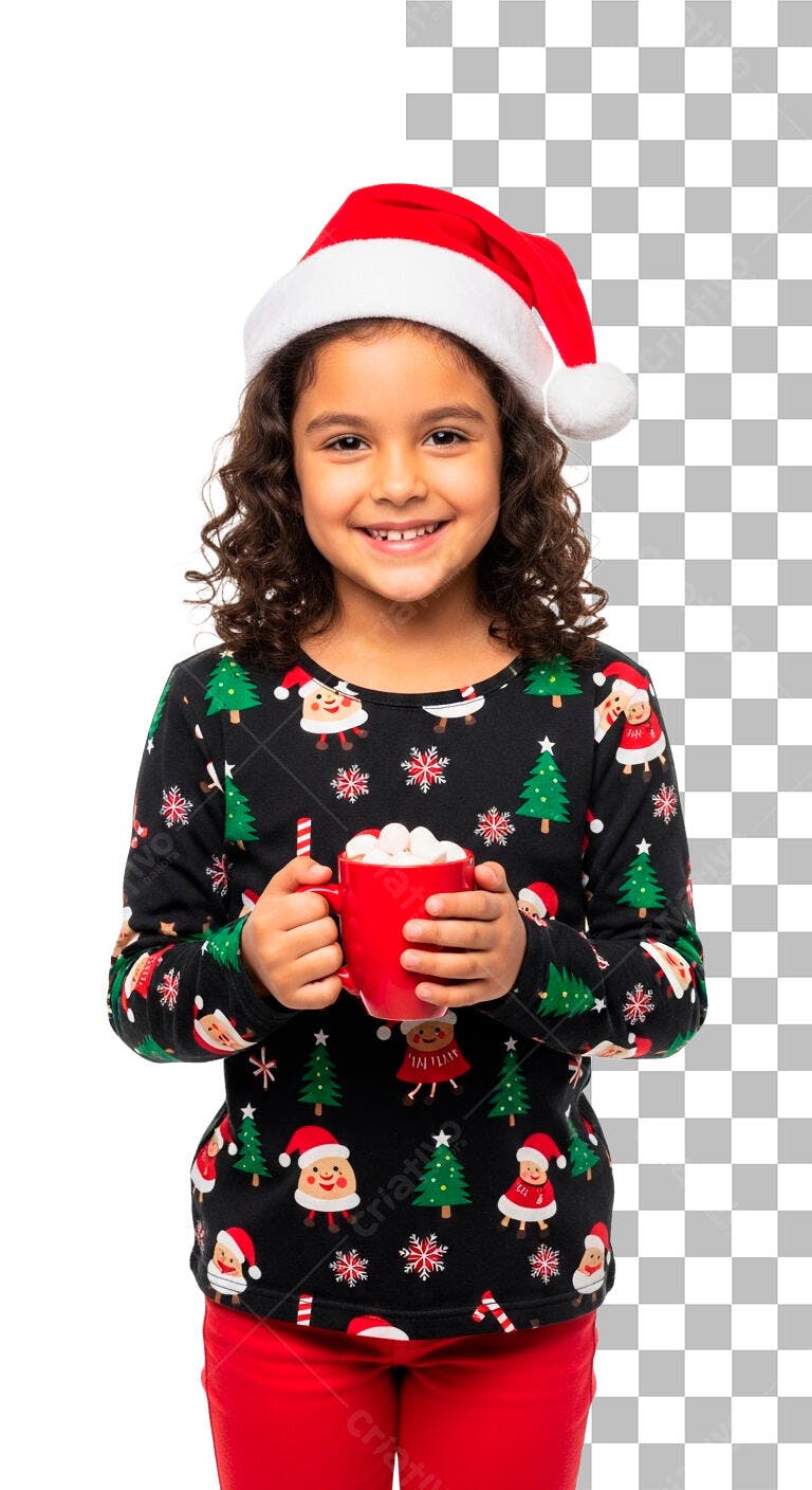 Flyer Natal Menina Feliz Gorro e Caneca de Marshmallows Psd Editável