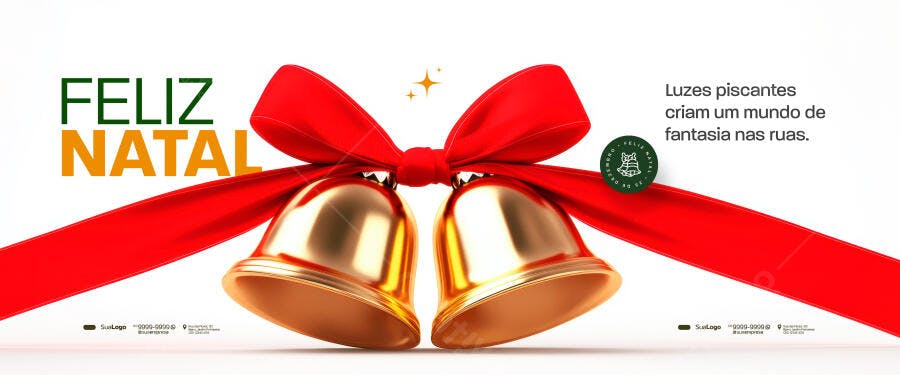 Flyer Feliz Natal Sinos Dourados Laço Vermelho PSD Editável