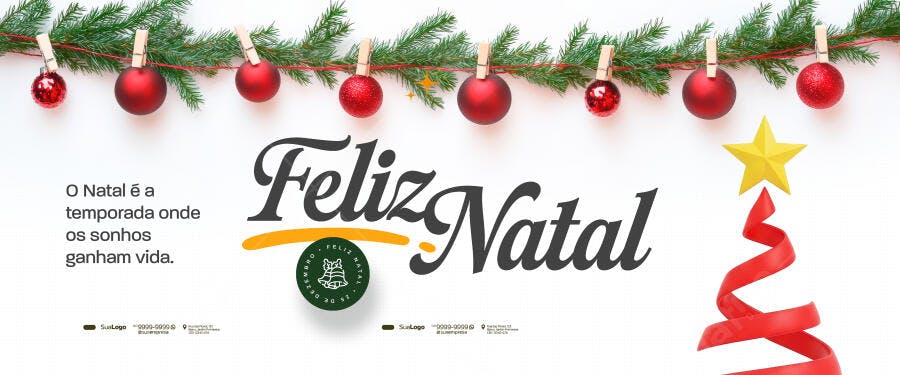 Flyer Feliz Natal com Guirlanda e Estrela Amarela PSD Editável