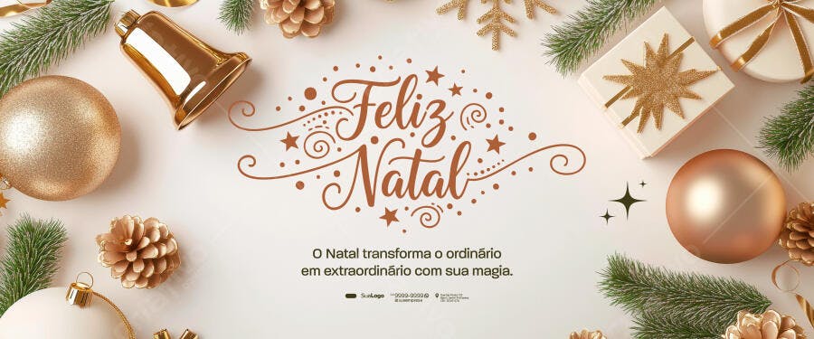 Flyer Feliz Natal Dourado com Bolas e Pinhas PSD Editável