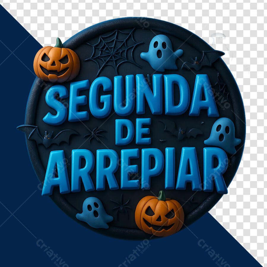 Selo 3D promocional Halloween "Segunda de Arrepiar" embossado azul preto abóboras fantasmas