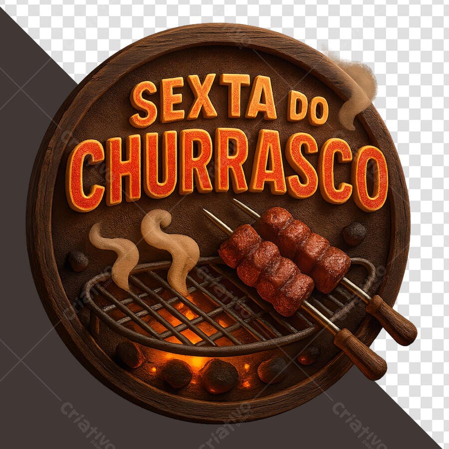 Selo 3D promocional churrasco Sexta rústico madeira com grelha e carne realista
