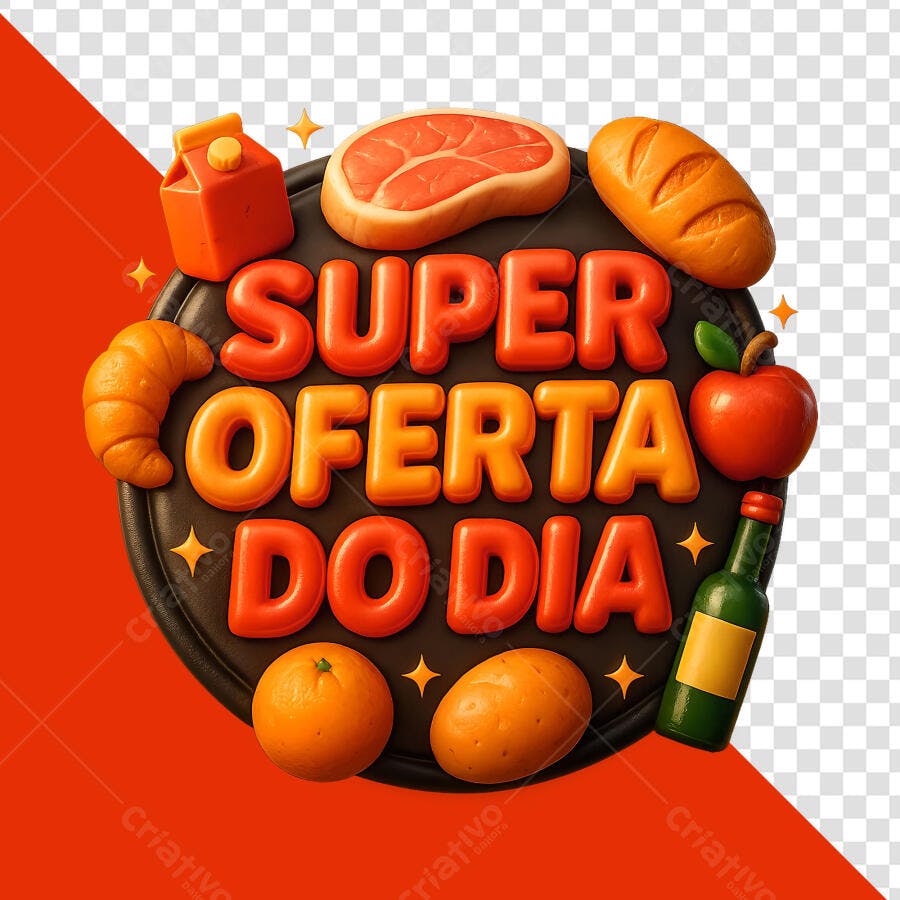 Selo 3D de oferta do dia com alimentos frescos e texto brilhante vibrante