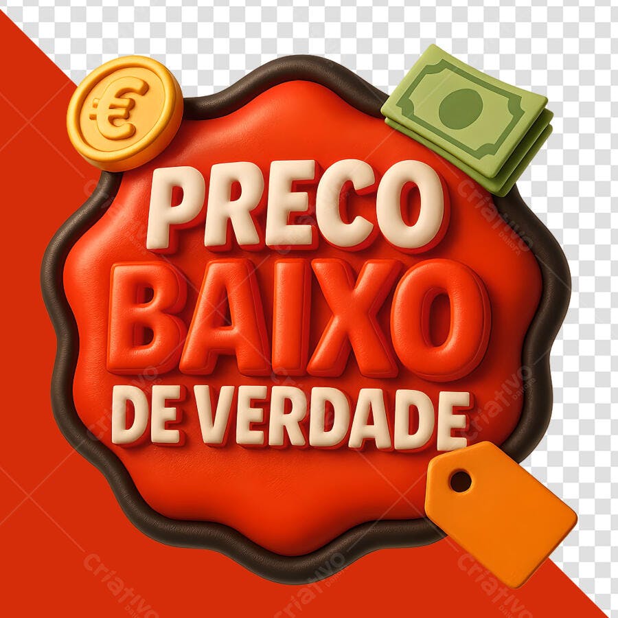 Selo 3D de promoção preço baixo embossado vermelho com moedas e dinheiro