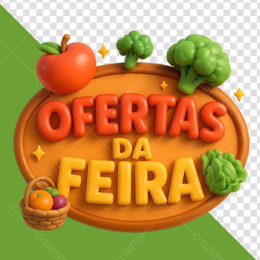 Selo 3D de promoção mercado feira frutas vegetais colorido vibrante