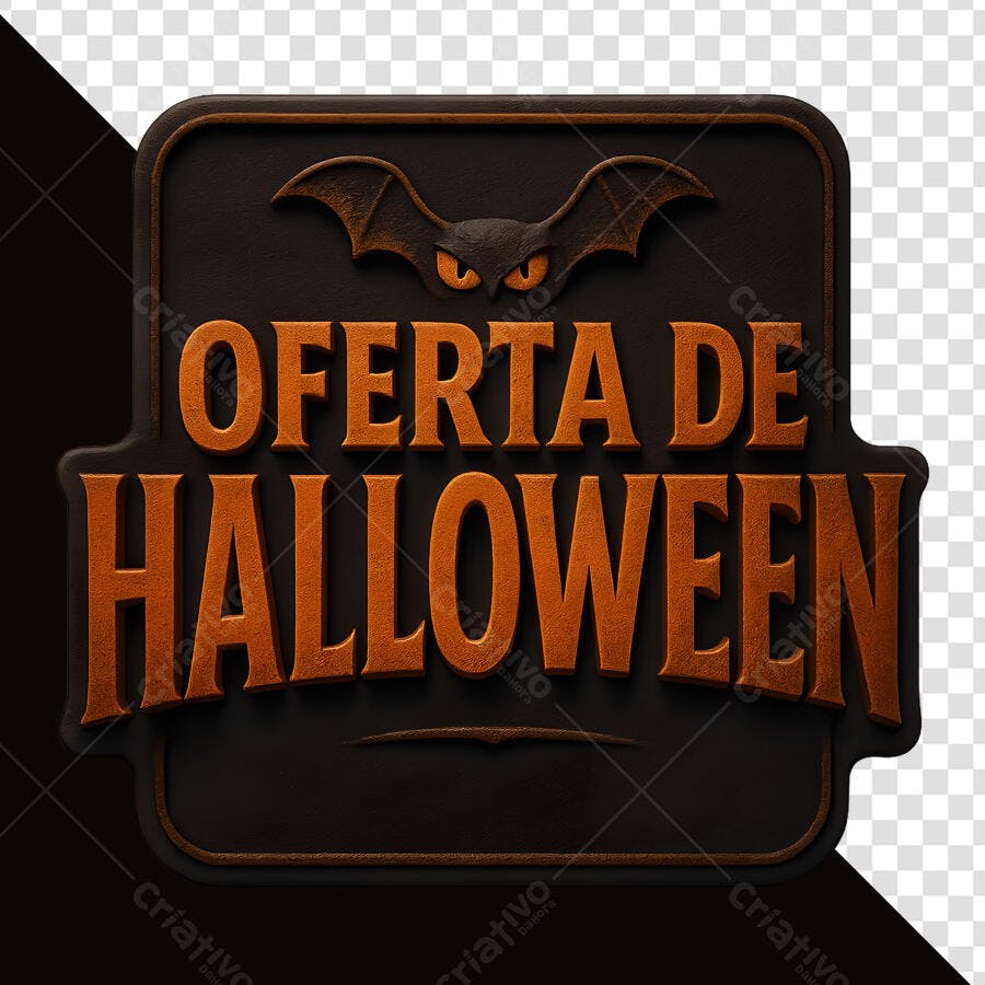Selo 3D de promoção Halloween morcego noturno com relevo laranja e preto