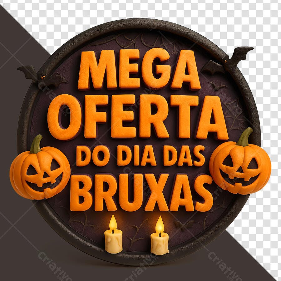 Selo 3D promocional Dia das Bruxas laranja e marrom abóboras morcegos