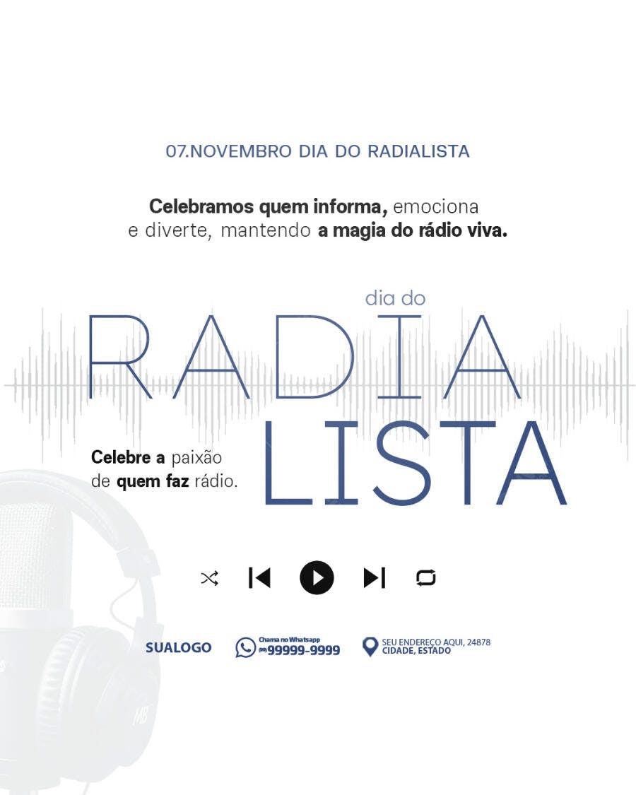Flyer Dia do Radialista com Microfone e Fones PSD Editável