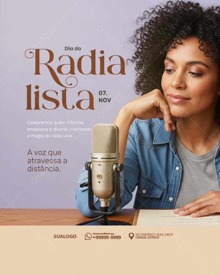 Flyer para Dia do Radialista com Locutora e Microfone PSD Editável
