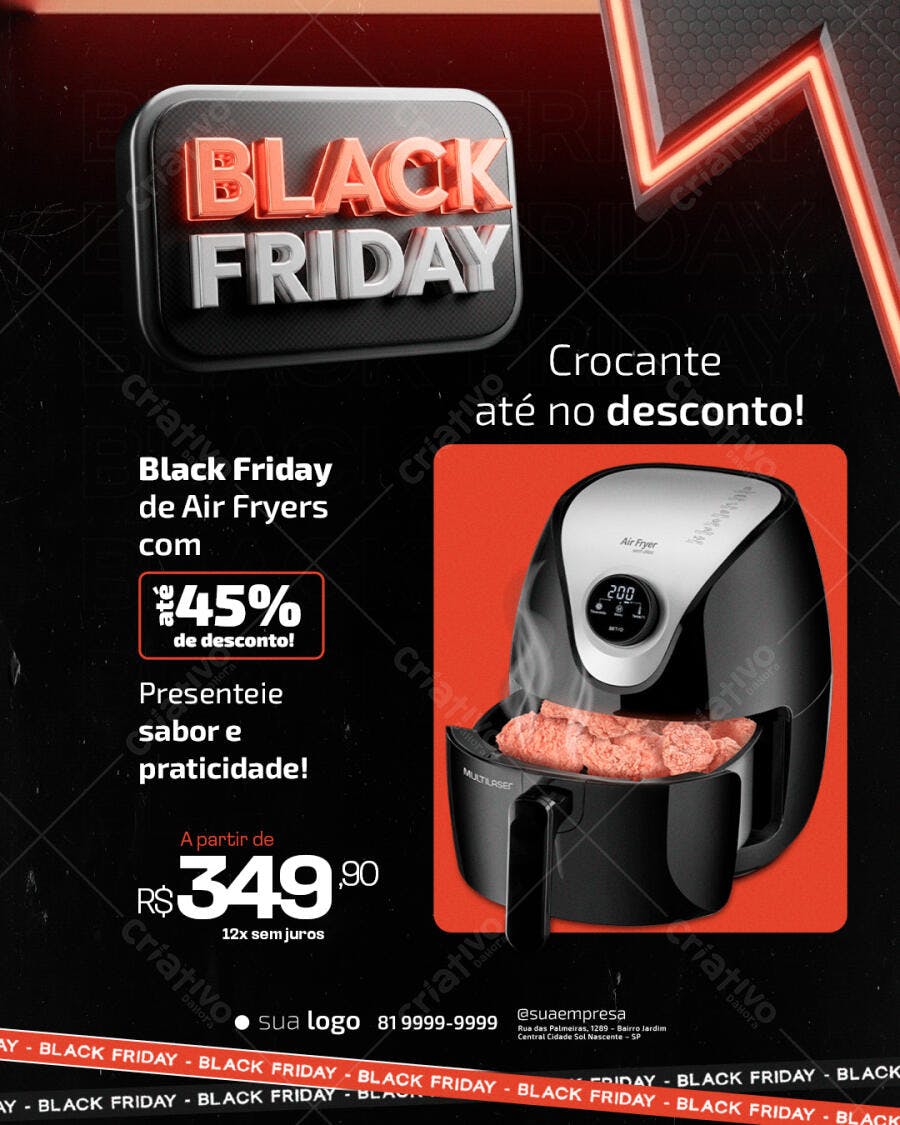 Flyer Black Friday de Air Fryers com 45% de Desconto Psd Editável