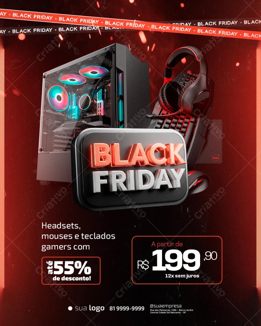 Flyer Black Friday Gamer Desconto 55% PSD Editável