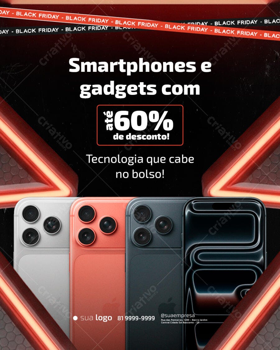 Flyer Black Friday Smartphones e Gadgets 60% Desconto Psd Editável
