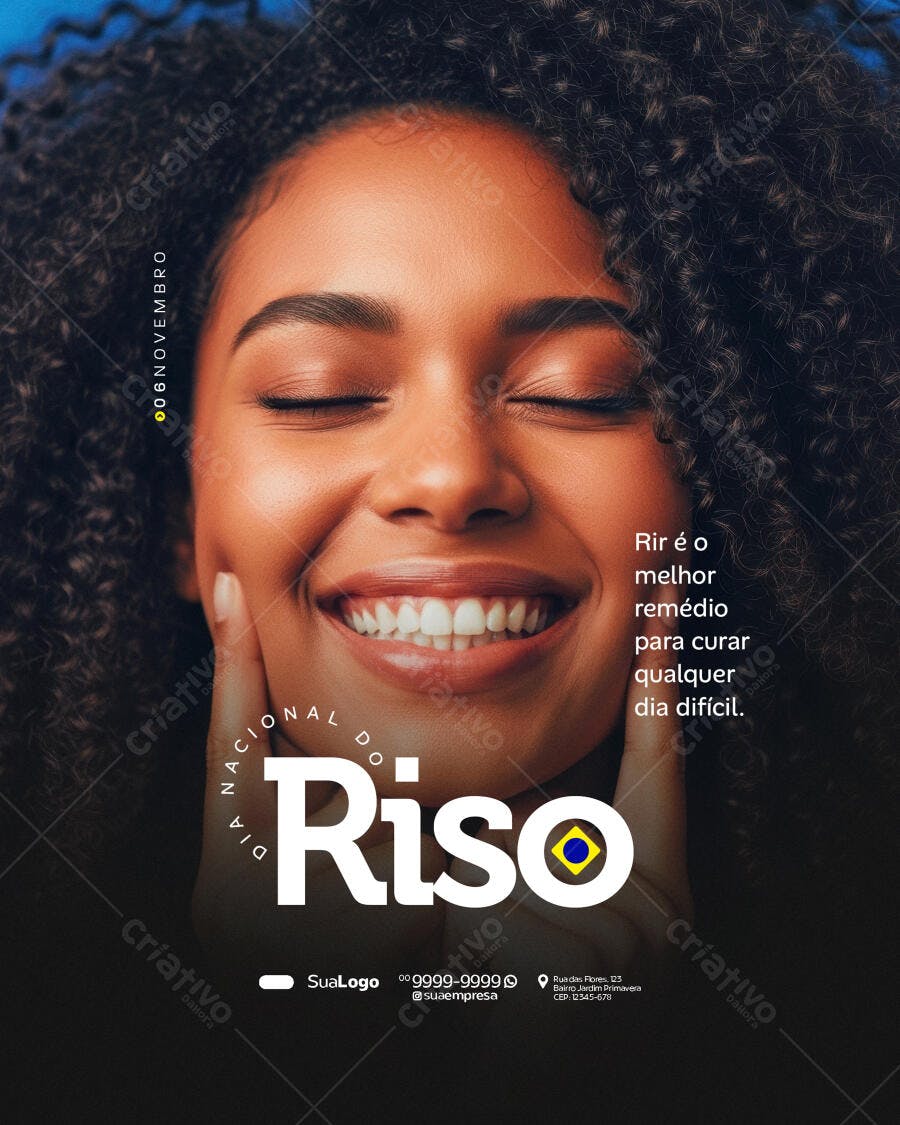 Flyer Dia Nacional do Riso com Mulher Negra Sorrindo PSD Editável