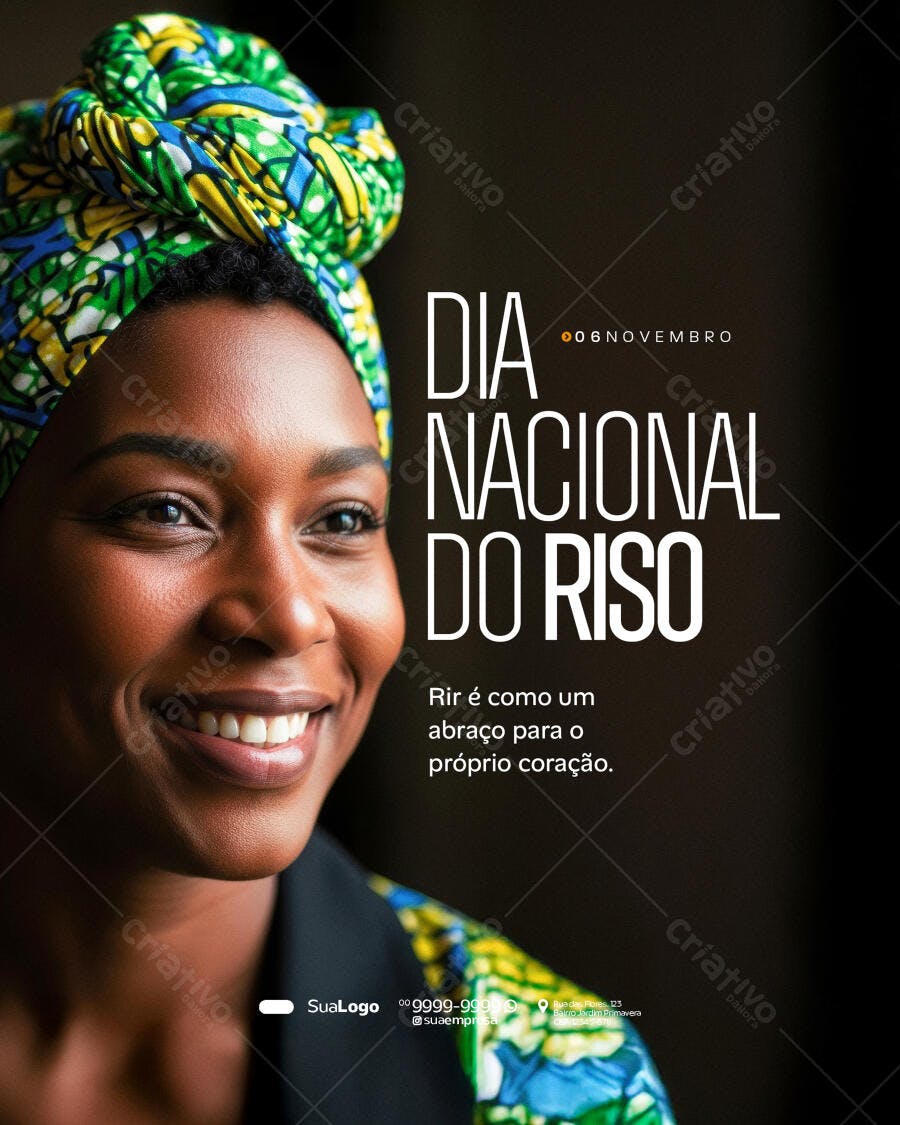 Post para Redes Sociais Dia Nacional do Riso Mulher Negra Sorrindo PSD Editável