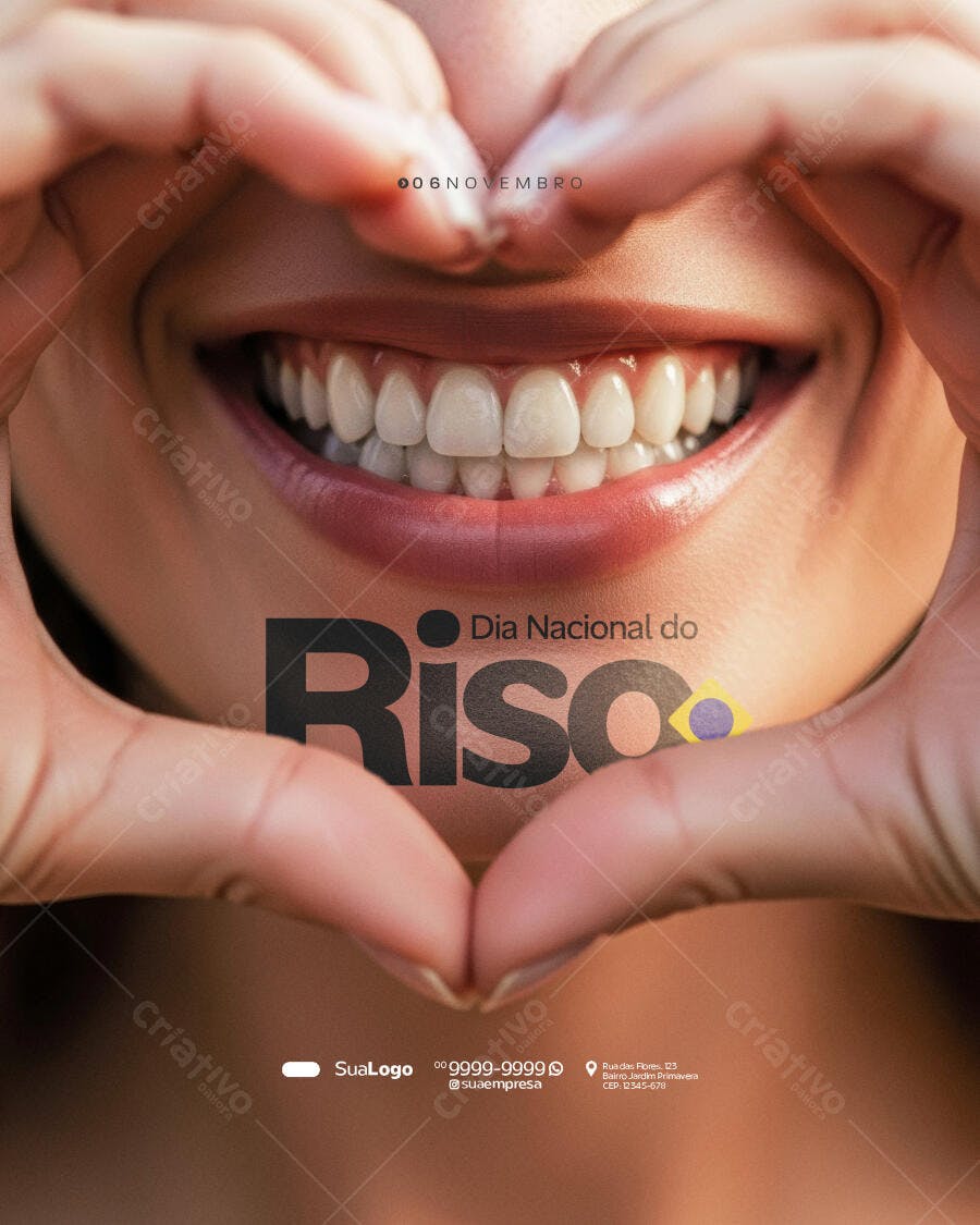 Flyer Dia Nacional do Riso 06 de Novembro Sorriso e Mãos Coração PSD Editável