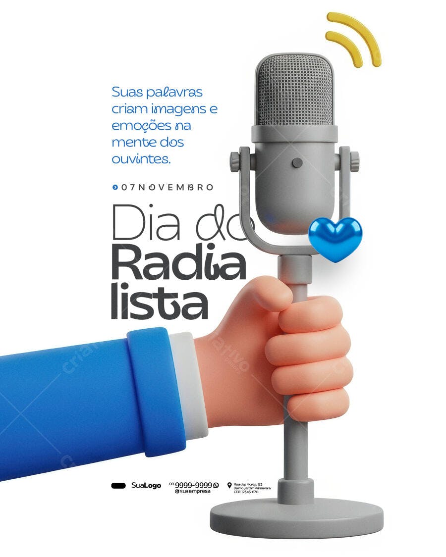 Flyer Dia do Radialista com Microfone 3D e Mão Psd Editável