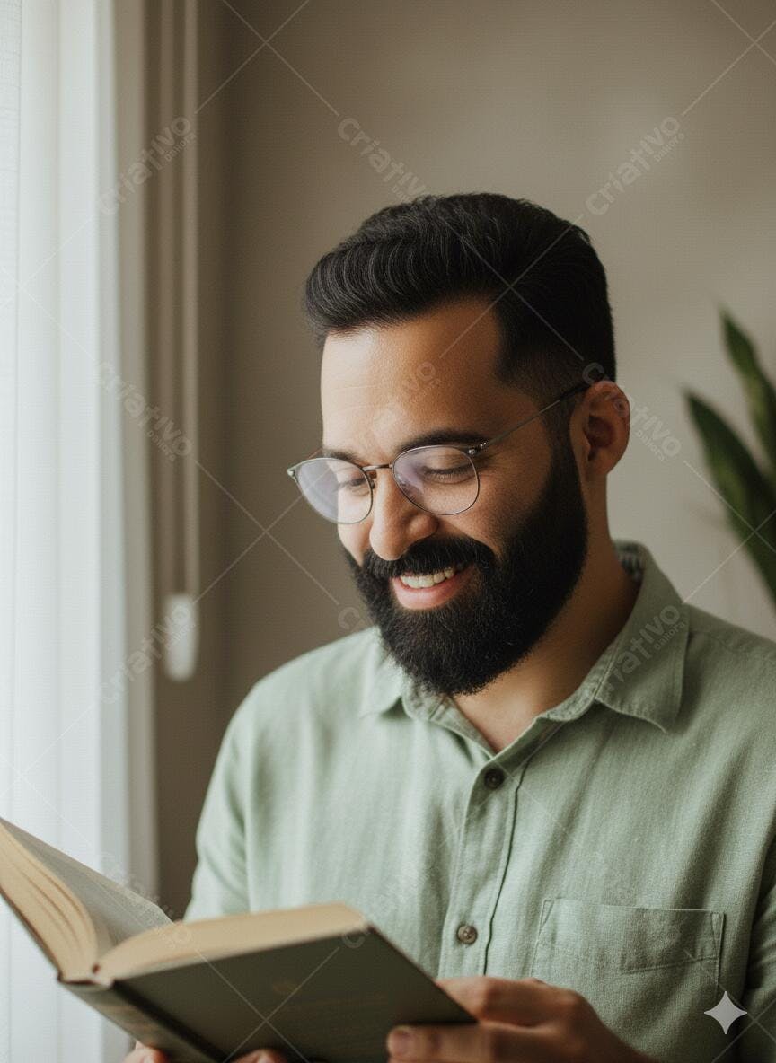 Homem barbudo sorrindo lendo livro com óculos perto da janela iluminada