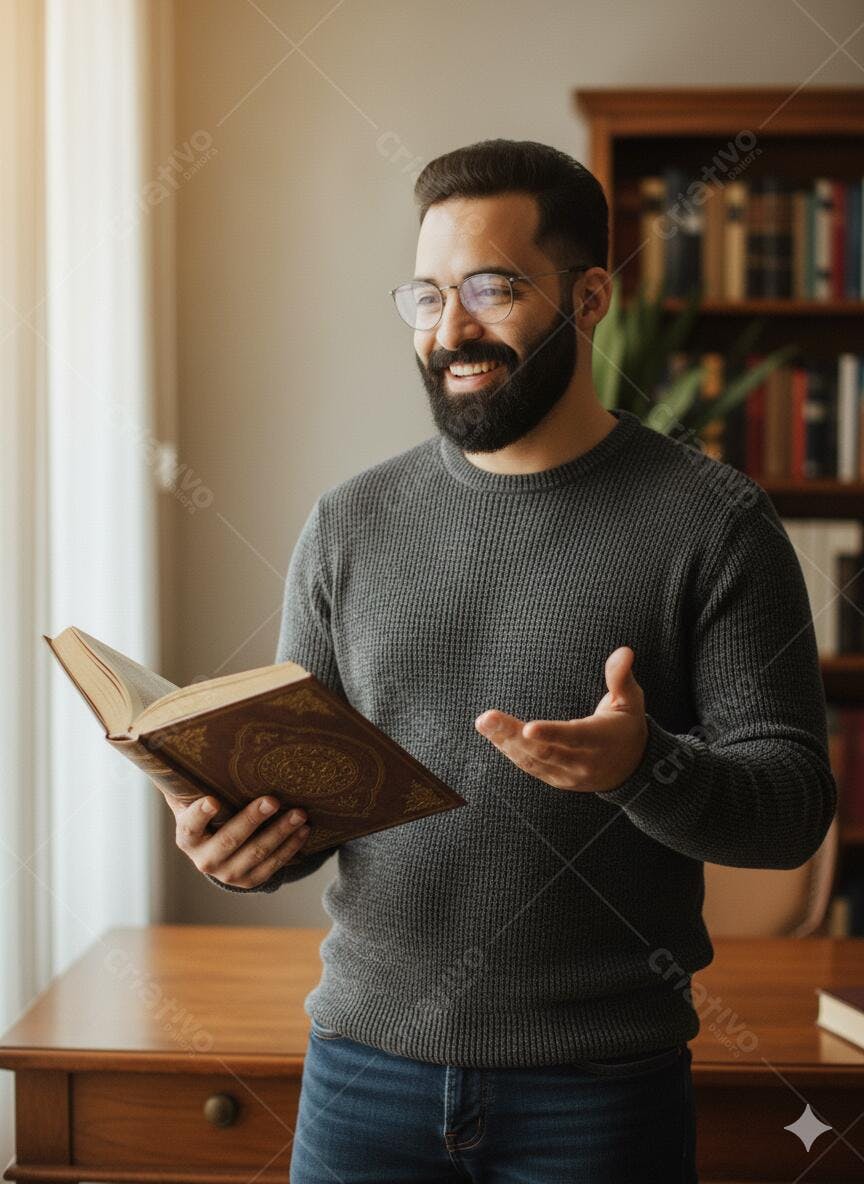 Homem mediterrâneo barbudo com óculos lendo livro antigo sorrindo na biblioteca