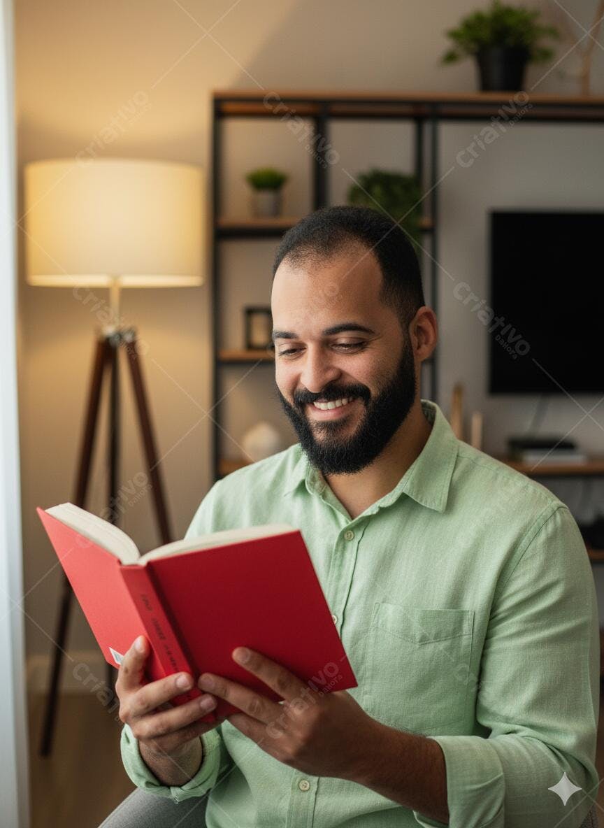Homem barbudo sorrindo lendo livro vermelho em sala de estar moderna