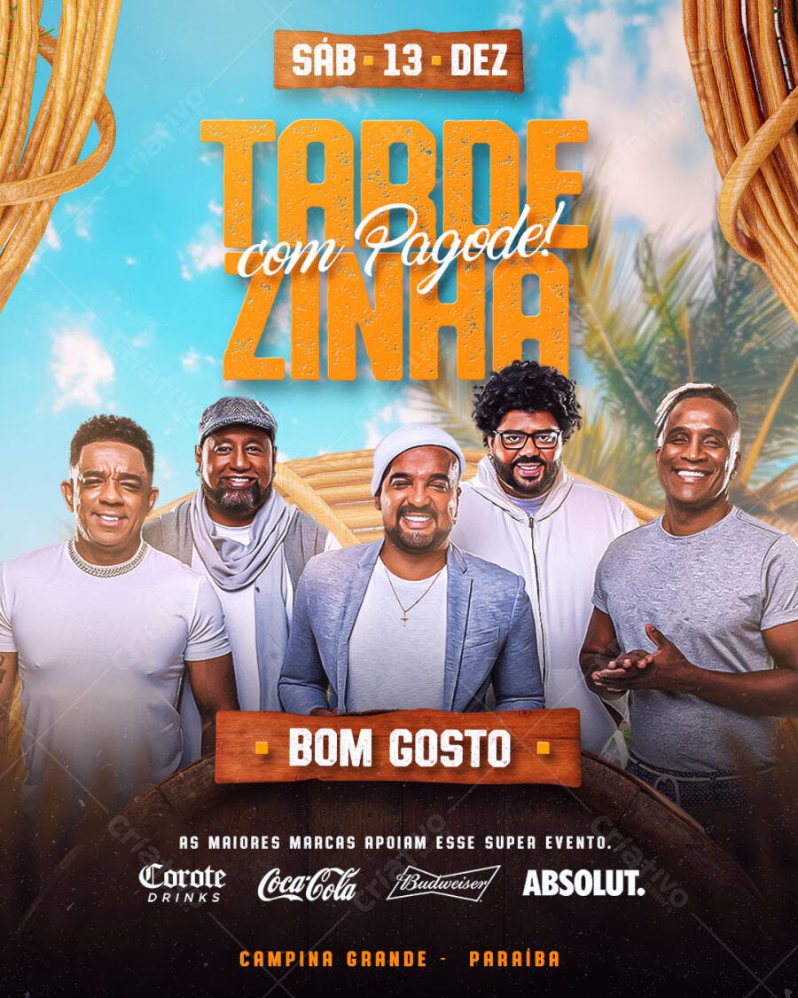 Flyer Tardezinha com Pagode Homens Músicos Fundo Tropical PSD Editável