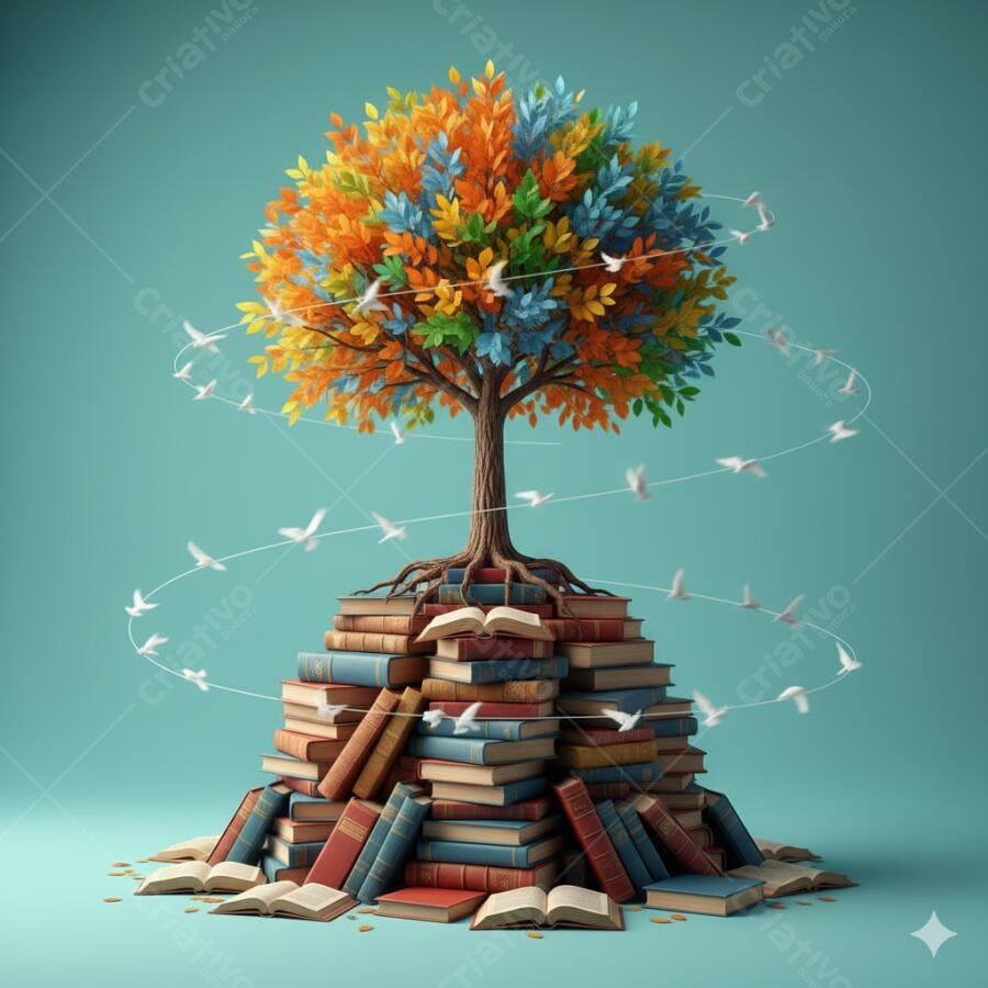 Árvore colorida crescendo de livros com pássaros voando ao redor