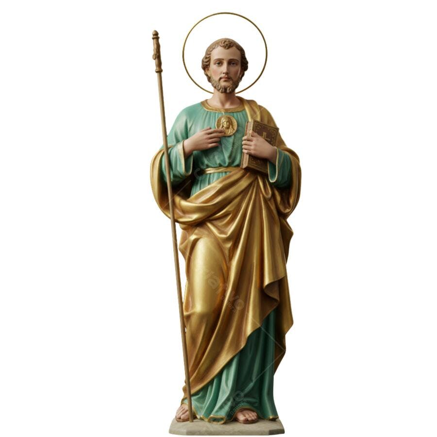 Estátua recorte São Judas Tadeu verde dourado cajado livro PNG com fundo transparente