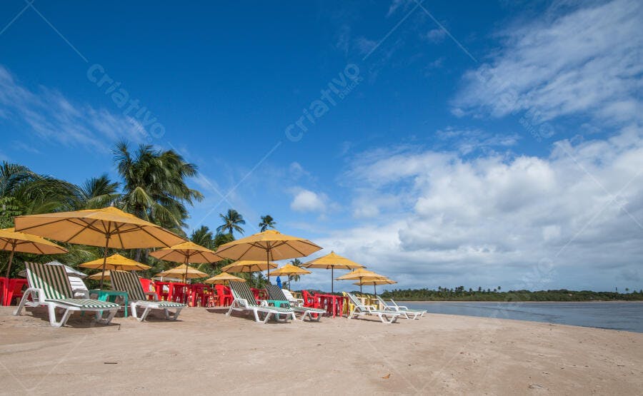 Praia tropical ensolarada com guarda-sóis amarelos e cadeiras de sol na areia