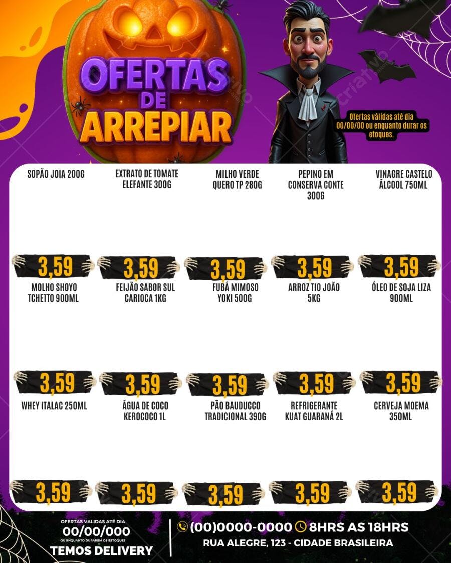 Flyer de promoção Halloween com vampiro e abóbora Editável no Canva