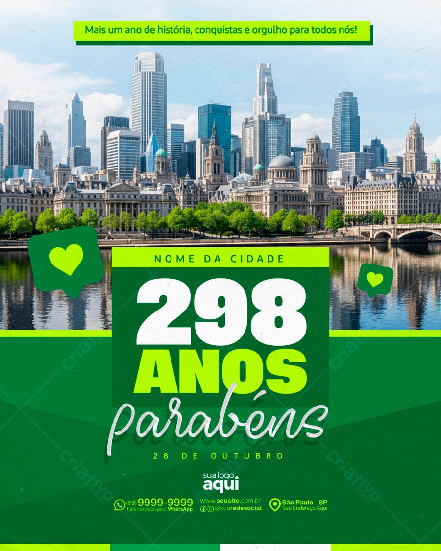 Flyer Comemorativo Aniversário Cidade 298 Anos Outubro PSD Editável