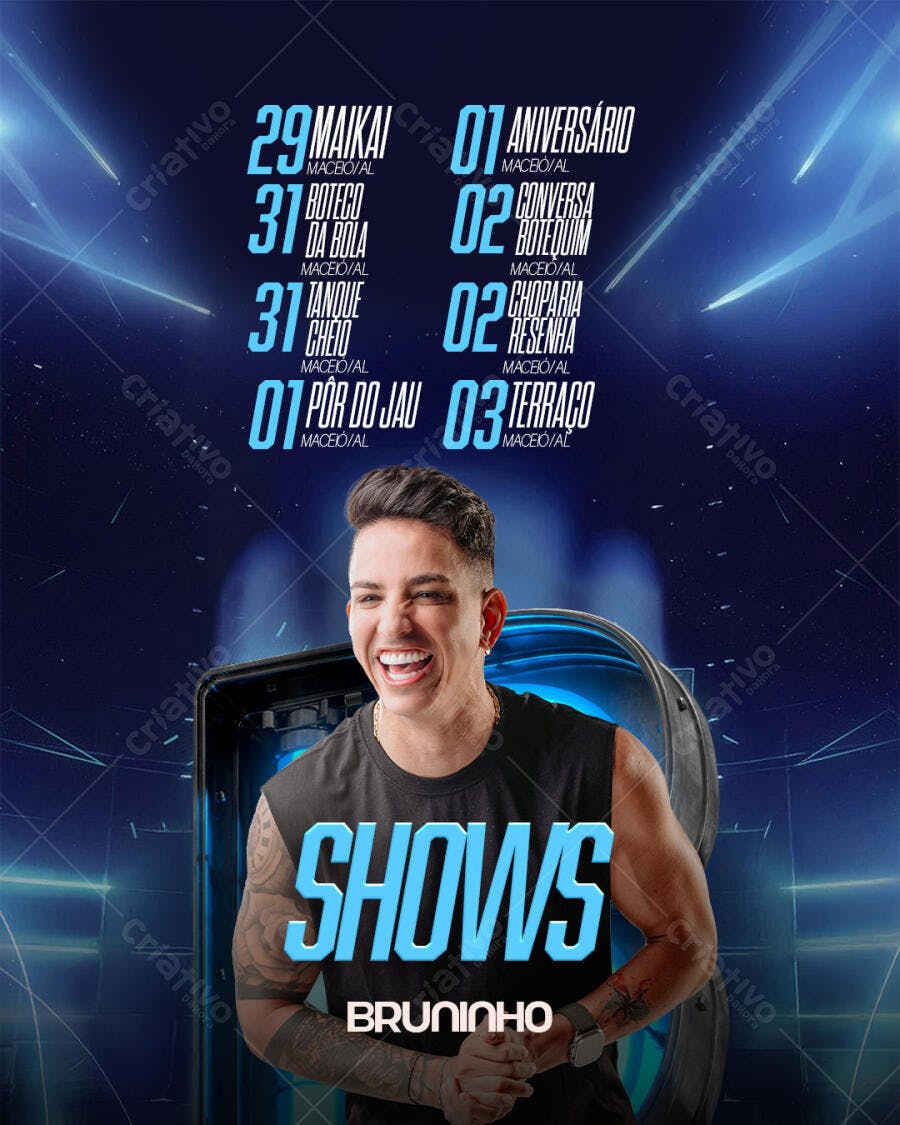 Flyer de Shows Bruninho com Agenda de Eventos PSD Editável