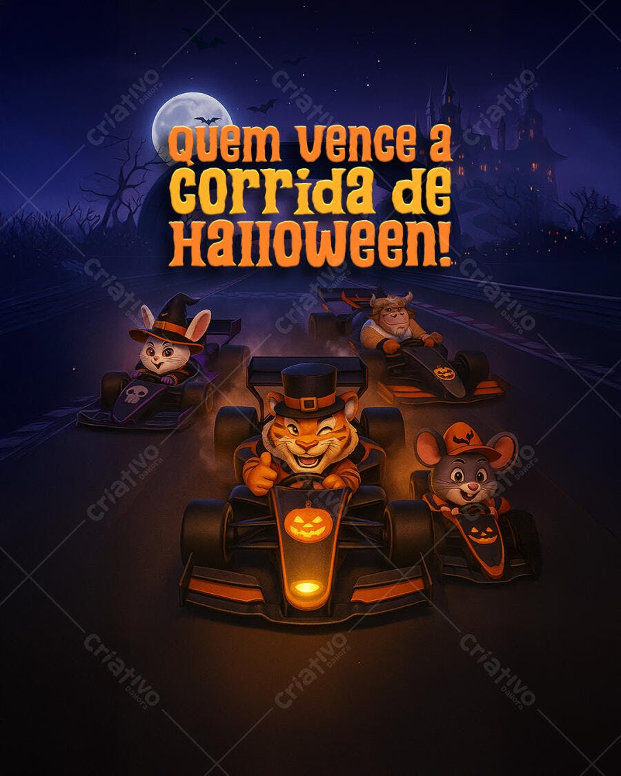 Flyer Quem Vence a Corrida de Halloween PSD Editável