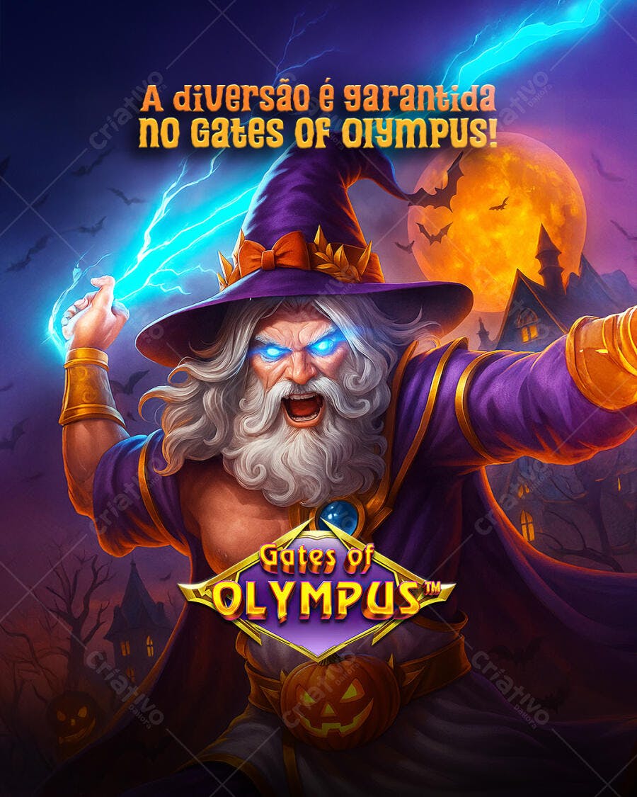 Flyer Game Gates of Olympus Mago Elétrico Halloween PSD Editável