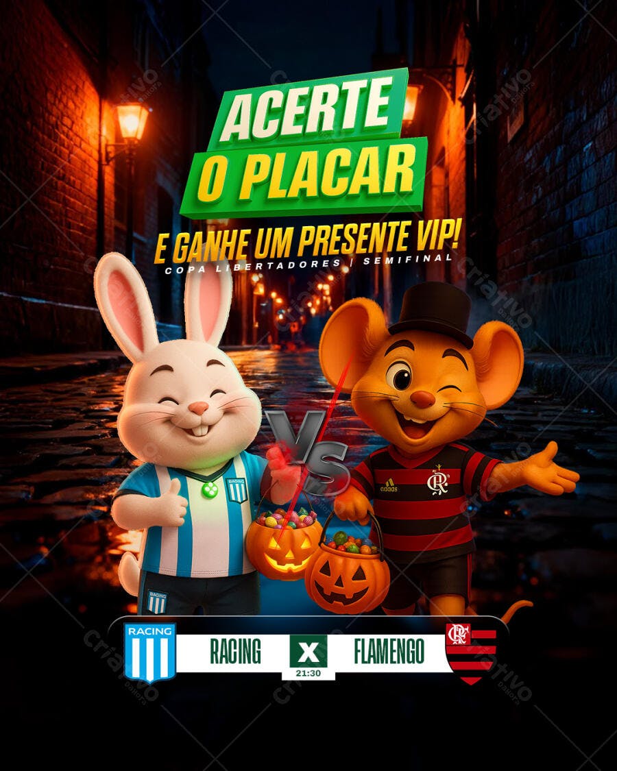 Post Redes Sociais Jogo Racing vs Flamengo Acertar Placar Copa Libertadores PSD Editável