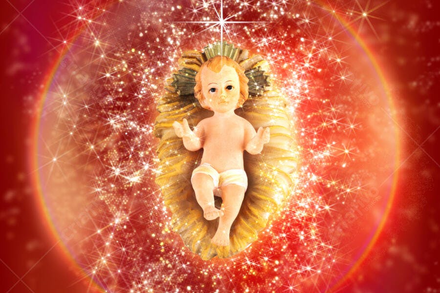 Menino Jesus em presépio com brilhos dourados e estrela em fundo vermelho natalino