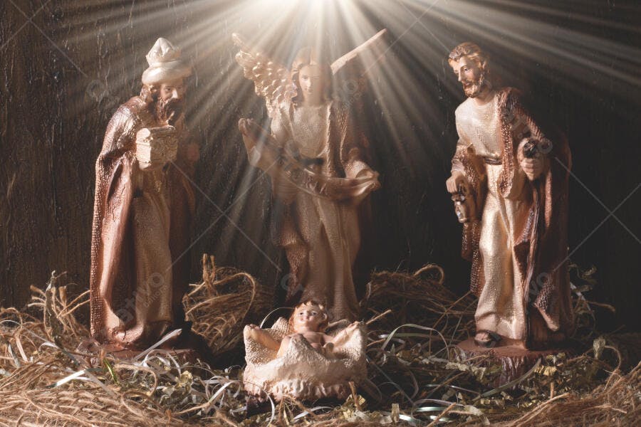 Presépio de Natal com estatuetas de Menino Jesus, Maria, José, Anjo e Mago em luz divina