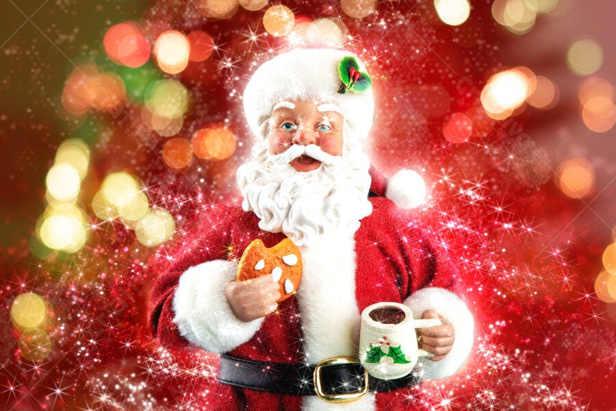 Papai Noel feliz com biscoito e caneca de Natal em fundo mágico vermelho bokeh